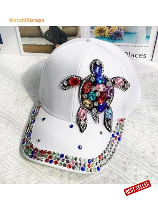 Women\'s Rhinestone Butterfly Turtle Baseball Cap Adjustable Sparkling Hat